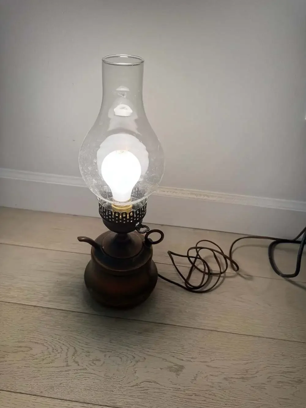 Vintage Copper Base Electric Oil Style Table Lamp with Glass Chimney